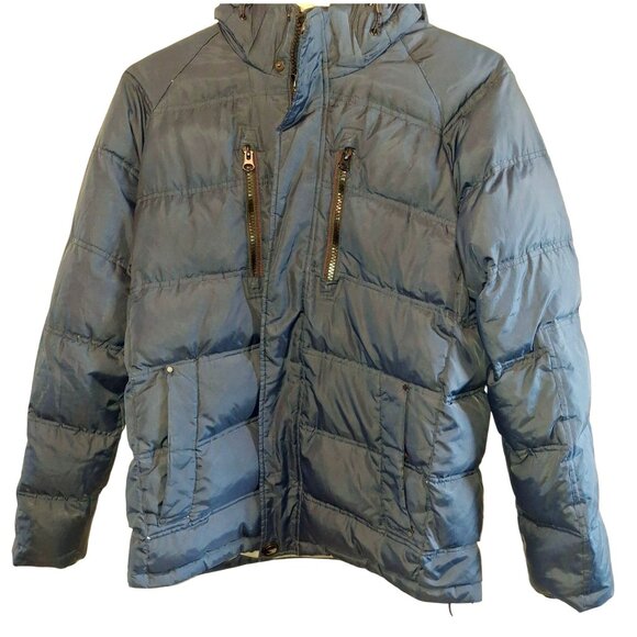 Down Filled Hawke & Co Mens Blue Puffer Jacket With Zipper & Button Closure Hood - Picture 2 of 14